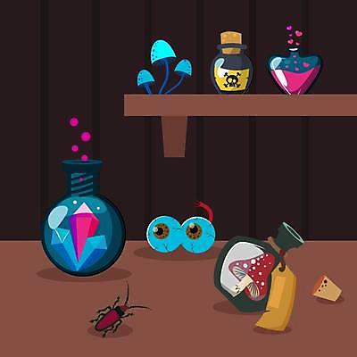 EPS 해외이미지 일러스트 유리병 선반 사람없음 그래픽 꼬리표 버섯 게임 독약 벌레 눈동자 크리스탈 오브젝트 소재 물약 엘리먼트 해외일러스트 가구 곤충 놀이 병_용기 약 라벨 눈_신체부위 광석 파일형식 벡터 이미지허브