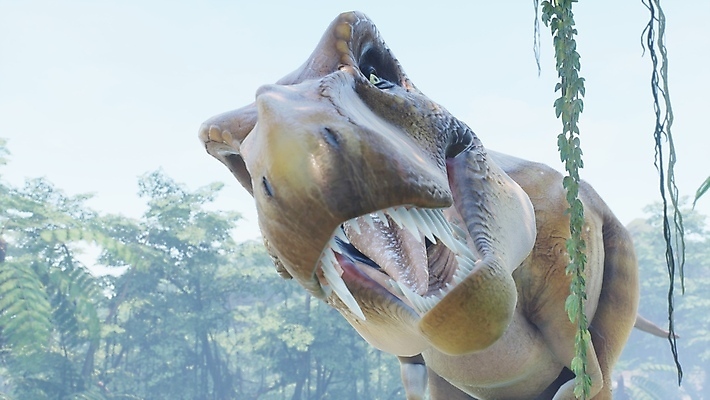 JPG 해외이미지 주간 한마리 야생동물 입벌림 근접촬영 사람없음 야외 3D 숲 고생물 육식공룡 티라노사우루스 쥬라기 해외포토 포토 자연요소 동물 1 뷰포인트 생물 표정 디지털합성 공룡 파일형식 이미지허브