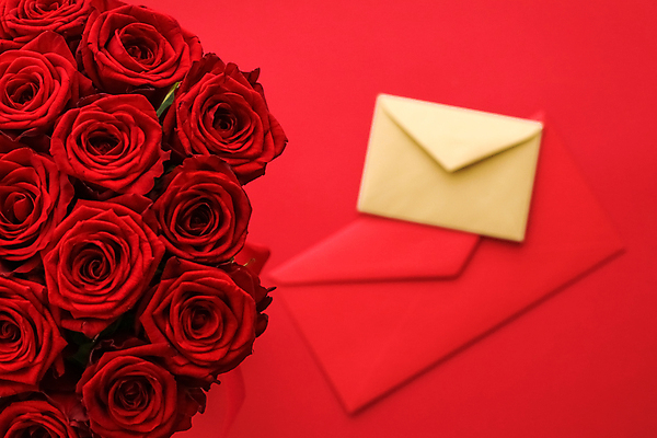 포토 JPG 해외이미지 꽃다발 백그라운드 편지봉투 발렌타인데이 사람없음 빨간색 장미 러브레터 해외포토 꽃 컬러 데이이벤트 봉투 편지 파일형식 이미지허브
