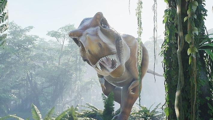 JPG 해외이미지 주간 나무 한마리 야생동물 입벌림 사람없음 야외 3D 숲 고생물 육식공룡 티라노사우루스 쥬라기 해외포토 포토 자연요소 식물 동물 1 생물 표정 디지털합성 공룡 파일형식 이미지허브