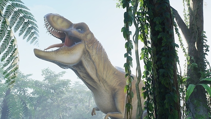 JPG 해외이미지 주간 나무 한마리 야생동물 입벌림 사람없음 야외 3D 숲 고생물 육식공룡 티라노사우루스 포효 쥬라기 해외포토 포토 자연요소 식물 동물 1 생물 표정 외침 디지털합성 공룡 파일형식 이미지허브