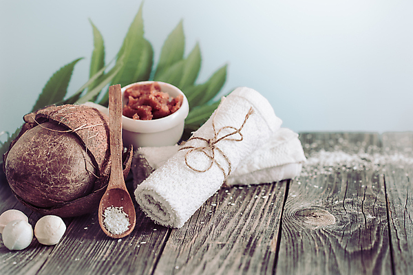 포토 JPG 해외이미지 잎 사람없음 수건 오브젝트 스파용품 코코넛 나무숟가락 나무탁자 바디케어 입욕소금 해외포토 식물 과일 탁자 위생용품 숟가락 스파 미용용품 소금 파일형식 이미지허브