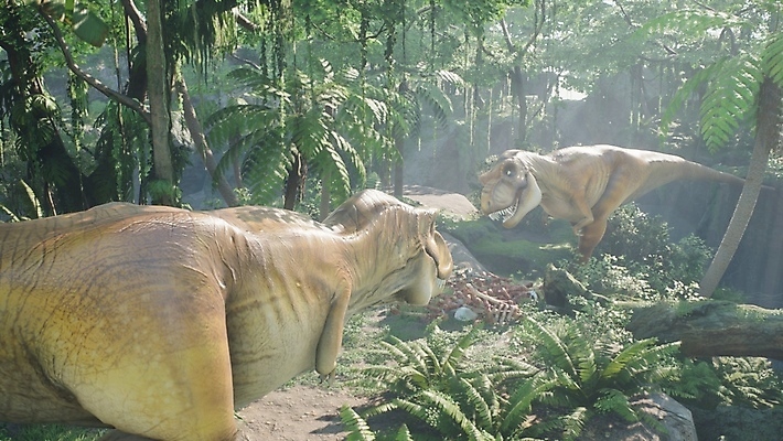 JPG 해외이미지 주간 나무 야생동물 두마리 사람없음 야외 햇빛 3D 마주보기 숲 고생물 길가 육식공룡 티라노사우루스 쥬라기 해외포토 포토 자연요소 식물 동물 2 모션 생물 태양 디지털합성 공룡 파일형식 이미지허브