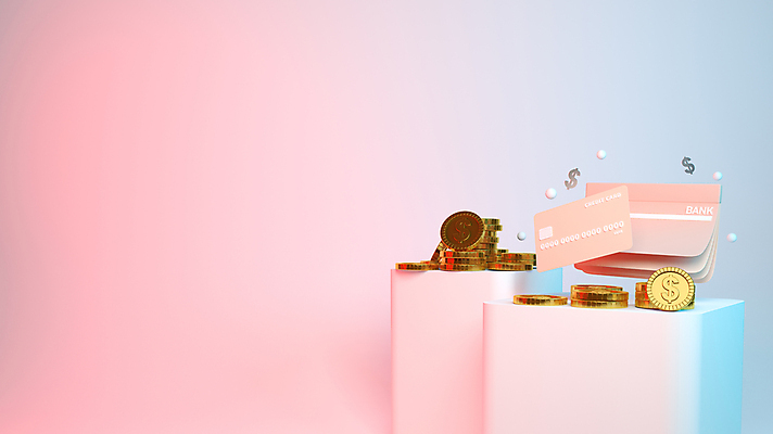 포토 JPG 해외이미지 분홍색 하늘색 사람없음 쇼핑 3D 달러 동전 신용카드 통장 금화 단상 동전탑 해외포토 컬러 돈 금융 파란색 쌓기 황금 디지털합성 파일형식 이미지허브