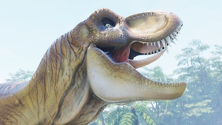 JPG 해외이미지 주간 나무 한마리 야생동물 입벌림 근접촬영 사람없음 야외 3D 숲 고생물 육식공룡 티라노사우루스 쥬라기 해외포토 포토 자연요소 식물 동물 1 뷰포인트 생물 표정 디지털합성 공룡 파일형식 이미지허브
