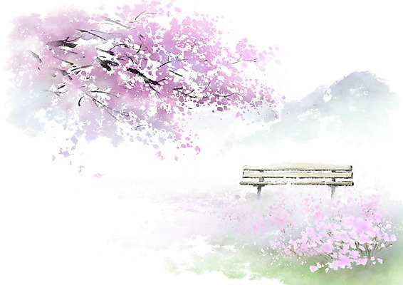 PSD 꽃밭 벤치 일러스트 캘리그라피 붓터치 따뜻함 사람없음 봄풍경 봄 벚꽃 벚나무 번짐 국내일러스트 나무 계절 꽃 의자 풍경 파일형식 효과