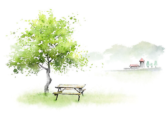 PSD 나무 벤치 일러스트 캘리그라피 붓터치 주택 따뜻함 초원 사람없음 봄풍경 봄 번짐 국내일러스트 식물 계절 의자 풍경 건물 파일형식 효과