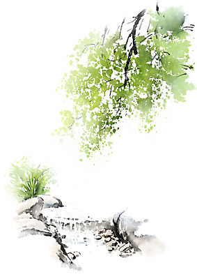 PSD 나무 일러스트 캘리그라피 붓터치 따뜻함 사람없음 봄풍경 봄 조약돌 개울 번짐 국내일러스트 식물 계절 풍경 강 돌_바위 파일형식 효과