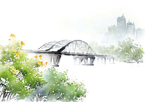 PSD 나무 무료이미지 꽃 일러스트 캘리그라피 붓터치 따뜻함 빌딩 사람없음 강 봄풍경 봄 도심 번짐 가교 국내일러스트 식물 건축물 계절 풍경 건물 도시 파일형식 효과