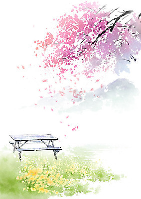 PSD 나무 꽃밭 벤치 일러스트 캘리그라피 붓터치 따뜻함 초원 사람없음 봄풍경 봄 벚나무 번짐 국내일러스트 식물 계절 꽃 의자 풍경 벚꽃 파일형식 효과