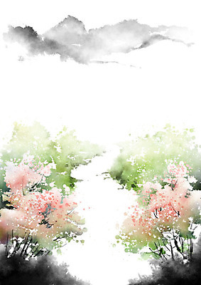 PSD 나무 일러스트 캘리그라피 붓터치 산 따뜻함 초원 사람없음 봄풍경 봄 산책로 개울 번짐 국내일러스트 식물 계절 길 풍경 강 파일형식 효과