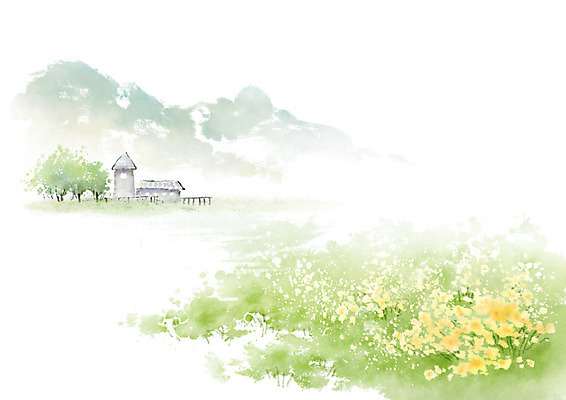 PSD 나무 꽃밭 일러스트 캘리그라피 붓터치 산 주택 따뜻함 초원 사람없음 봄풍경 봄 번짐 국내일러스트 식물 계절 꽃 풍경 건물 파일형식 효과