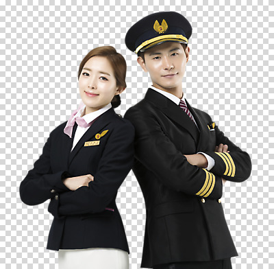 편집이미지 여자 남자 유니폼 서기 미소 상반신 20대 성인 두명 옆모습 팔짱 한국인 파일럿 승무원 PNG 성인만 편집소스 직업 옷 뷰포인트 모션 표정 사람 동양인 청년 파일형식