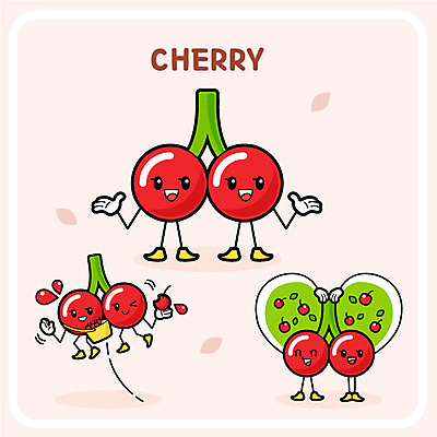 나무 캐릭터 잎 과일 일러스트 사람없음 빨간색 초록색 바구니 귀여움 수확 체리 과일캐릭터 과육 체리캐릭터 일러캐릭터 AI파일 식물 컬러 컨셉 농업 파일형식 벡터