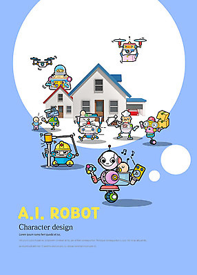PSD 캐릭터 음식 과학 일러스트 주택 따뜻함 공사 요리 사람없음 파란색 귀여움 육아 로봇 배송 서빙 드론 음식배달 AI_인공지능 일러캐릭터 컬러 컨셉 건설업 건물 파일형식
