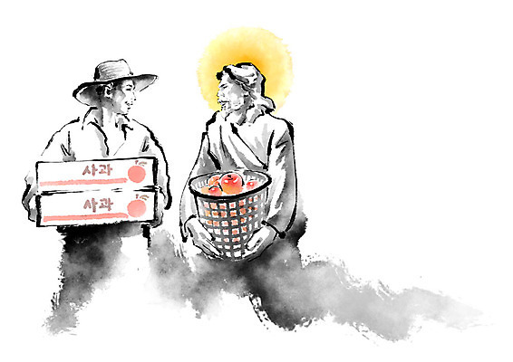 PSD 남자 기독교 과일 일러스트 캘리그라피 붓터치 협력 함께함 흑백 밝음 미소 들기 사람 상반신 성인 두명 빨간색 친구 빛 농작물 노란색 바구니 마주보기 천주교 수확 도움 예수 사과 농부 밀짚모자 번짐 사과상자 국내일러스트 직업 모자_잡화 종교 컬러 컨셉 농업 관계 모션 촬영기법 표정 상자 신_종교 파일형식 효과