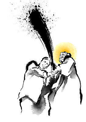 PSD 남자 기독교 일러스트 캘리그라피 붓터치 협력 함께함 흑백 미소 사람 상반신 성인 두명 친구 빛 노란색 천주교 도움 예수 당기기 번짐 줄다리기 은혜 국내일러스트 종교 컬러 컨셉 관계 모션 놀이 촬영기법 표정 신_종교 파일형식 효과