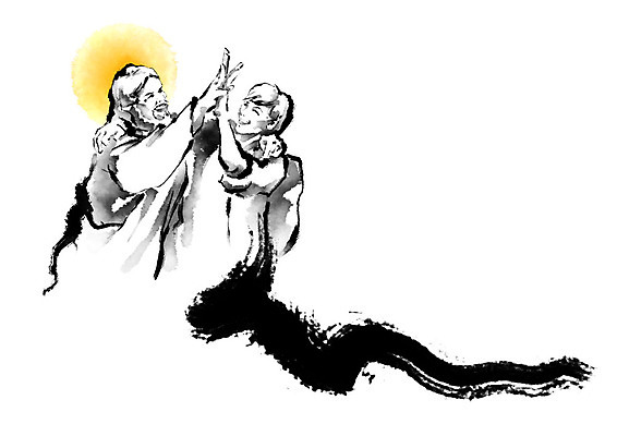 PSD 남자 기독교 일러스트 캘리그라피 붓터치 협력 함께함 흑백 밝음 웃음 사람 상반신 성인 두명 친구 빛 노란색 터치 천주교 도움 예수 손뼉 번짐 하이파이브 은혜 국내일러스트 종교 컬러 컨셉 관계 촬영기법 표정 손짓 신_종교 파일형식 효과