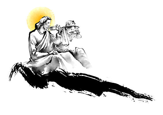 PSD 남자 기독교 음료 일러스트 캘리그라피 붓터치 협력 휴식 함께함 흑백 사람 앉기 상반신 성인 두명 친구 수건 노란색 천주교 마시기 도움 예수 농부 밀짚모자 번짐 은혜 국내일러스트 직업 모자_잡화 종교 컬러 컨셉 관계 모션 촬영기법 위생용품 신_종교 파일형식 효과