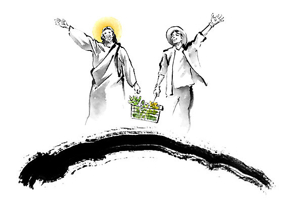 PSD 남자 기독교 채소 과일 일러스트 캘리그라피 붓터치 협력 함께함 흑백 밝음 미소 사람 상반신 성인 두명 초록색 친구 빛 농작물 노란색 손들기 바구니 만세 천주교 도움 예수 결과 농부 밀짚모자 번짐 국내일러스트 직업 모자_잡화 종교 컬러 컨셉 농업 관계 모션 촬영기법 표정 신_종교 파일형식 효과