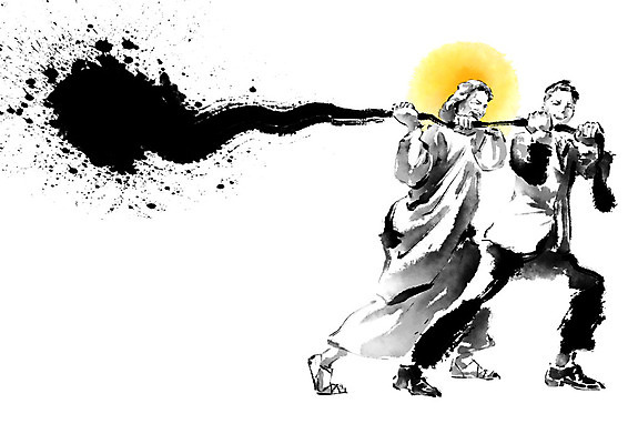 전신 PSD 남자 기독교 일러스트 캘리그라피 붓터치 협력 함께함 흑백 미소 사람 정장 성인 두명 빛 노란색 터치 천주교 도움 직장인 예수 당기기 번짐 줄다리기 국내일러스트 직업 옷 종교 컬러 컨셉 모션 놀이 촬영기법 표정 신_종교 파일형식 효과