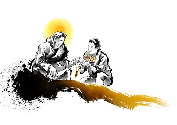 전신 PSD 남자 기독교 일러스트 캘리그라피 붓터치 협력 함께함 흑백 미소 사람 앉기 성인 두명 빛 노란색 터치 천주교 수확 벼 도움 예수 결과 농부 이삭 번짐 국내일러스트 직업 종교 컬러 컨셉 농업 모션 곡류 촬영기법 표정 신_종교 파일형식 효과