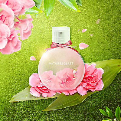 PSD 편집이미지 꽃잎 꽃 리본 분홍색 잎 자연 유리 유리병 나뭇잎 사람없음 초록색 컬러풀 반사 물방울 투명 향수 내추럴 향수병 카피스페이스 이미지편집 식물 컬러 재질 병_용기 화장품 공백 생태계 병_담는 파일형식