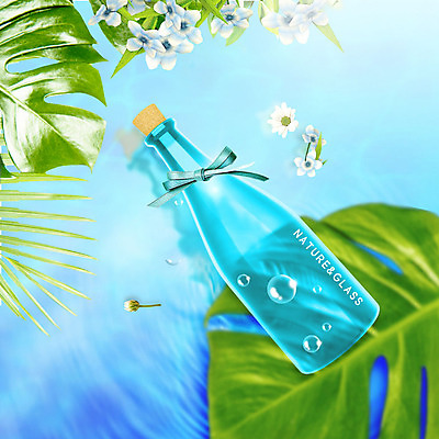 PSD 편집이미지 꽃잎 꽃 리본 잎 자연 유리 유리병 나뭇잎 사람없음 초록색 파란색 컬러풀 물방울 투명 내추럴 카피스페이스 보테니컬아트 이미지편집 식물 컬러 재질 병_용기 공백 생태계 파일형식