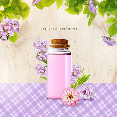 PSD 편집이미지 꽃 잎 자연 유리 유리병 나뭇잎 사람없음 컬러풀 보라색 투명 액체 코르크 내추럴 베이지색 카피스페이스 이미지편집 식물 컬러 재질 병_용기 공백 생태계 파일형식