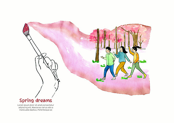 전신 PSD 나무 계절 공원 여자 남자 꽃 어린이 분홍색 일러스트 붓터치 수채화 한손 꽃나무 사람 신체부위 세명 친구 소풍 걷기 물감 봄 꿈 붓 그리기 숲 즐거움 그림 번짐 감성 그림붓 봄소풍 국내일러스트 식물 손 공공시설 감정 컬러 컨셉 관계 모션 야외활동 미술도구 파일형식 효과