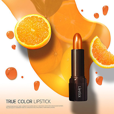 PSD 편집이미지 오렌지 사람없음 뷰티 주황색 화장품 립스틱 물방울 화사함 카피스페이스 이미지편집 컬러 컨셉 과일 공백 파일형식