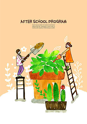 전신 PSD 식물 여자 교육 화분 초등학생 어린이 일러스트 사다리 수업 선인장 사람 두명 흙 모종삽 물주기 원예 물뿌리기 에듀 초등 방과후 스쿨팩 국내일러스트 학생 모션 취미 도구 삽 에듀케이션 파일형식