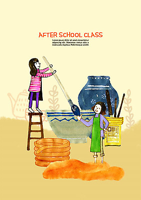 전신 PSD 여자 교육 초등학생 어린이 일러스트 수업 미소 사람 두명 앞치마 흙 붓 항아리 도자기 색칠 도자기공예 즐거움 만들기 미술교육 클레이아트 도예가 에듀 초등 방과후 스쿨팩 국내일러스트 직업 학생 감정 모션 표정 미술 공예 점토 에듀케이션 파일형식