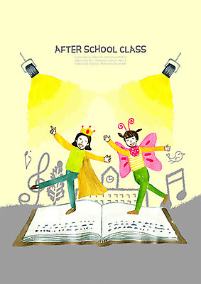 전신 PSD 여자 교육 초등학생 어린이 일러스트 수업 조명 사람 두명 책 분장 노란색 공연 무대 춤 즐거움 연극 뮤지컬 에듀 초등 방과후 스쿨팩 국내일러스트 학생 감정 컬러 문화예술 이벤트 에듀케이션 파일형식