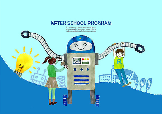전신 PSD 여자 교육 남자 초등학생 어린이 과학 일러스트 전구 학교 수업 아이디어 매달리기 사람 두명 파란색 로봇 즐거움 만들기 놀기 에듀 초등 방과후 스쿨팩 국내일러스트 학생 감정 컬러 컨셉 모션 에듀케이션 파일형식