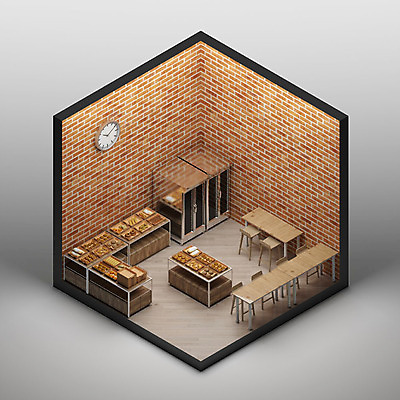 PSD 편집이미지 빵 시계 백그라운드 의자 탁자 사람없음 그래픽 인테리어 하이앵글 공간 빵집 디지털합성 아이소메트릭 엑소노메트릭 이미지편집 편집3D 디자인 음식 뷰포인트 가구 3D 상점 파일형식
