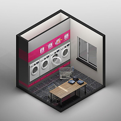 PSD 편집이미지 옷 백그라운드 사람없음 그래픽 인테리어 하이앵글 쇼핑카 공간 디지털합성 세탁기 아이소메트릭 빨래방 세탁소 엑소노메트릭 이미지편집 편집3D 디자인 뷰포인트 쇼핑 3D 카트 가전제품 파일형식