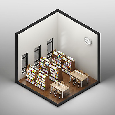 PSD 편집이미지 시계 백그라운드 의자 책장 사람없음 그래픽 인테리어 하이앵글 공간 도서관 책상 디지털합성 아이소메트릭 엑소노메트릭 이미지편집 편집3D 디자인 교육 뷰포인트 가구 3D 파일형식