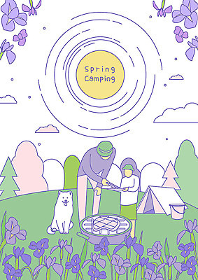 나무 한마리 남자 꽃 어린이 일러스트 자연 아웃도어 텐트 육류 사람 초원 상반신 성인 두명 태양 보라색 봄 캠핑 강아지 숲 바비큐 굽기 즐거움 붓꽃 바베큐그릴 국내일러스트 AI파일 자연요소 식물 1 계절 감정 음식 컬러 식재료 레저 캠핑도구 반려동물 개 그릴 구이 생태계 파일형식 벡터