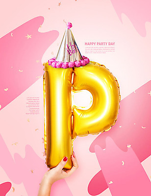 PSD 편집이미지 손 알파벳 분홍색 신체부위 파티 고깔모자 잡기 P 즐거움 풍선 카피스페이스 이미지편집 모자_잡화 영어 감정 컬러 모션 사람 이벤트 공백 파일형식