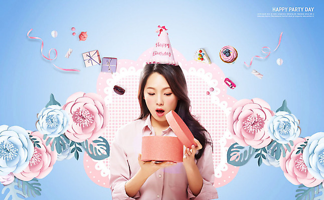 PSD 편집이미지 여자 꽃 리본 분홍색 선물 한명 사람 상반신 20대 성인 앞모습 파란색 선물상자 파티 놀람 고깔모자 한국인 오픈 생일파티 생일 페이퍼아트 컵케이크 즐거움 성인여자한명만 이미지편집 식물 모자_잡화 1 기념일 감정 뷰포인트 컬러 표정 동양인 이벤트 청년 상자 케이크 여자한명만 성인여자만 파일형식