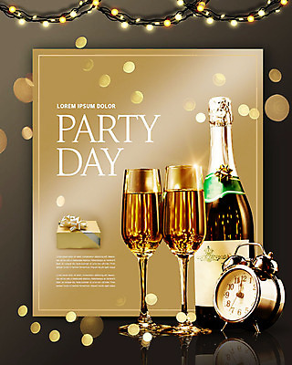 PSD 편집이미지 조명 잔 선물 사람없음 선물상자 파티 금색 자명종 황금 샴페인 즐거움 샴페인잔 보케 샴페인병 카피스페이스 이미지편집 식기 감정 시계 컬러 술잔 술병 주류 이벤트 상자 공백 알람 파일형식