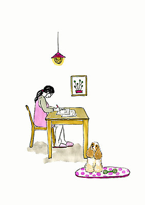 전신 PSD 한마리 여자 반려견 여유 액자 의자 일러스트 식탁 조명 수채화 한명 사람 앉기 성인 일상 반려동물 카펫 기록 강아지 주부 번짐 반려 성인여자한명만 국내일러스트 동물 1 감정 가구 모션 탁자 라이프 개 여자한명만 성인여자만 파일형식 효과