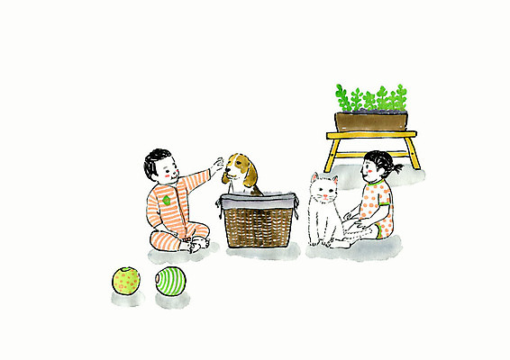 전신 PSD 여자 남자 행복 화분 반려견 두마리 일러스트 수채화 사람 두명 일상 반려동물 장난감 바구니 고양이 육아 아기 강아지 비글 번짐 반려 반려묘 국내일러스트 동물 감정 2 포유류 라이프 개 파일형식 효과