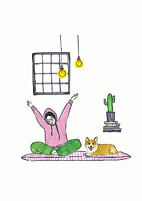 전신 PSD 한마리 여자 화분 반려견 일러스트 창문 팔벌리기 휴식 전등 조명 수채화 주택 한명 사람 성인 반려동물 카펫 강아지 기지개 번짐 반려 웰시코기 책더미 싱글라이프 성인여자한명만 국내일러스트 동물 1 라이프스타일 컨셉 모션 건물 책 개 무더기 여자한명만 성인여자만 파일형식 효과