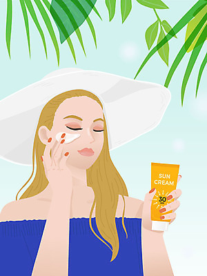 우먼라이프 여자 하늘색 잎 일러스트 하늘 한명 사람 상반신 성인 초록색 태양 뷰티 선크림 피부관리 바르기 자기관리 자외선 챙모자 성인여자한명만 국내일러스트 AI파일 자연요소 식물 모자_잡화 1 라이프스타일 컬러 모션 파란색 화장품 여자한명만 성인여자만 파일형식 벡터