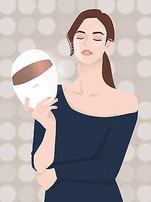 우먼라이프 여자 일러스트 마스크 한명 사람 상반신 성인 뷰티 봄 피부관리 베이지색 보조기구 자기관리 적외선 성인여자한명만 LED 국내일러스트 AI파일 1 라이프스타일 계절 컬러 전구 기구 여자한명만 성인여자만 파일형식 벡터