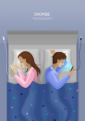 PSD 부부 커플 응시 여자 남자 일러스트 베개 대화 사람 상반신 성인 두명 파란색 스마트폰 눕기 이불 침대 집중 스마트폰중독 단절 불면증 스몸비 국내일러스트 시선 컬러 가구 컨셉 관계 침구 모션 말하기 핸드폰 스마트기기 질병 신조어 중독 파일형식