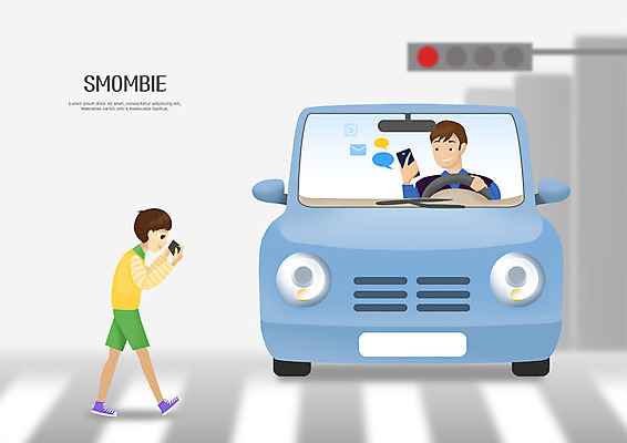 전신 PSD 남자 도로 어린이 일러스트 자동차 사람 상반신 두명 스마트폰 운전 횡단보도 위험 신호등 사건 스마트폰중독 스쿨존 스몸비 국내일러스트 길 육상교통 컨셉 교통시설 모션 핸드폰 스마트기기 보행로 신조어 중독 파일형식