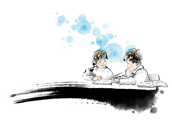 PSD 학생 여자 교육 남자 초등학생 어린이 일러스트 캘리그라피 붓터치 교재 사람 상반신 두명 책 파란색 친구 연필 우정 도움 짝꿍 번짐 에듀 스쿨팩 국내일러스트 컬러 컨셉 관계 학용품 필기구 에듀케이션 파일형식 효과